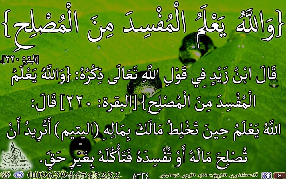 {وَاللَّهُ يَعْلَمُ الْمُفْسِدَ مِنَ الْمُصْلِحِ} [البقرة 220]. يوم الأربعاء.